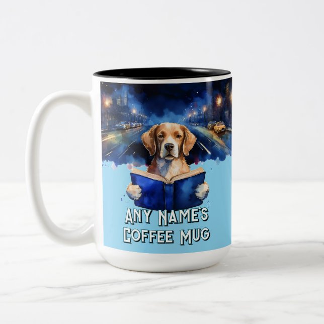 Dog Reading the Big Book Customisable Slogan Two-Tone Coffee Mug (Left)