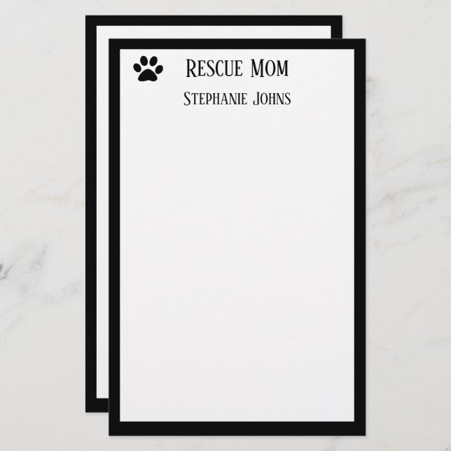 Dog Rescue Mum Dad Parent Black White Custom Name Stationery (Front/Back)