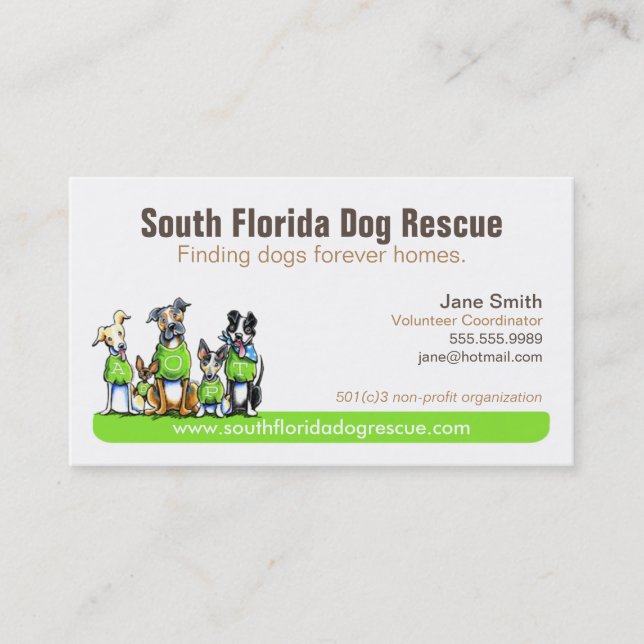 Dog Rescue Non Profit Green Tagline Business Card (Front)