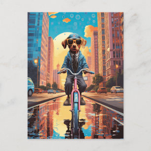 Dog Riding a Bicycle in the City Postcard