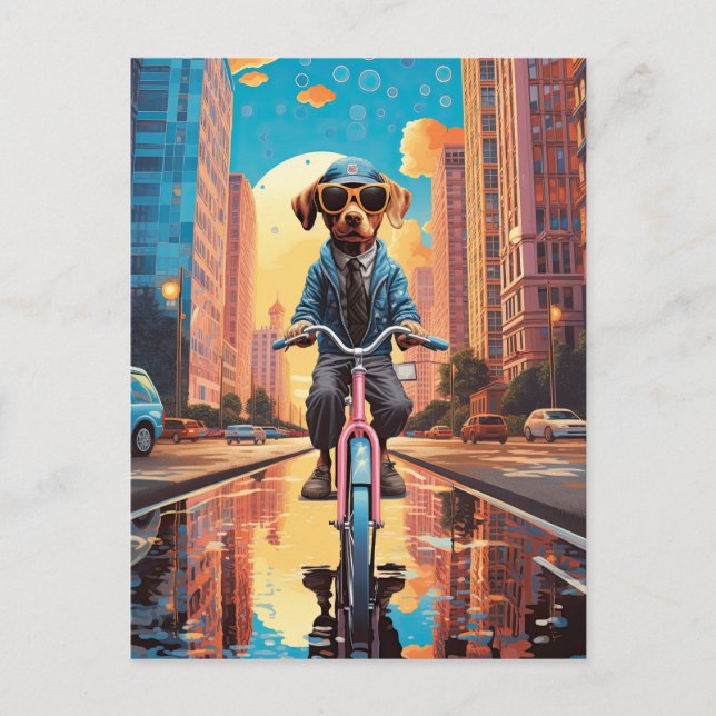 Dog Riding a Bicycle in the City Postcard (Front)