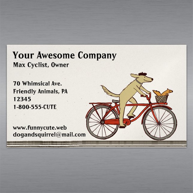 Dog Riding a Bicycle with Squirrel | Cute Animals Magnetic Business Card (Creator Uploaded)