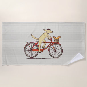 Dog Riding a Bicycle with Squirrel Fun Animal Art Beach Towel