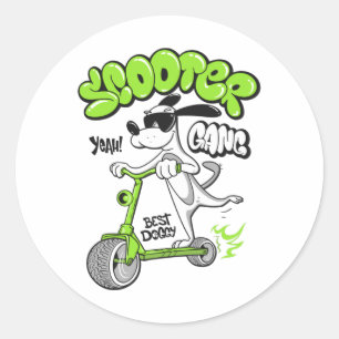 dog riding a scooter classic round sticker