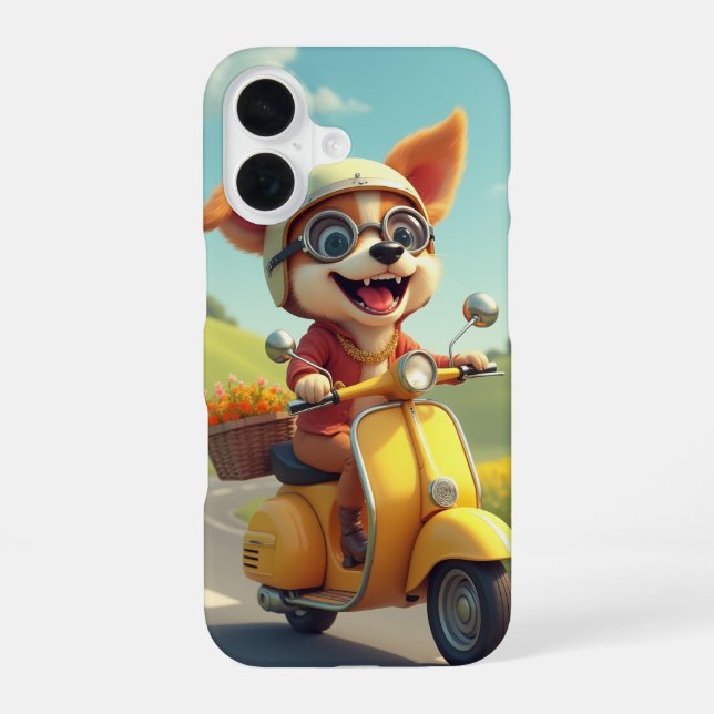 dog riding a scooter iPhone 16 case (Back)