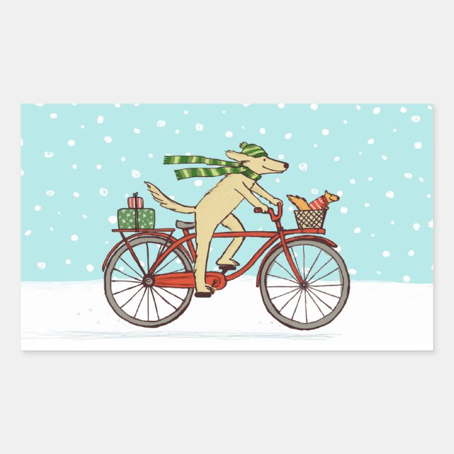 Dog Riding Bicycle with Squirrel Christmas Holiday Rectangular Sticker (Front)