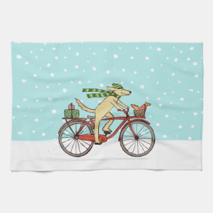 Dog Riding Bicycle with Squirrel Christmas Holiday Tea Towel