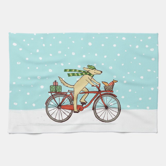 Dog Riding Bicycle with Squirrel Christmas Holiday Tea Towel (Horizontal)