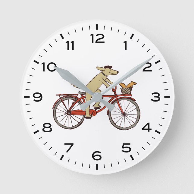Dog Riding Bicycle with Squirrel Cute Whimsical Round Clock (Front)