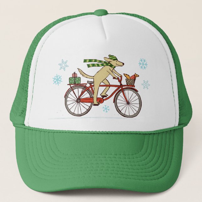 Dog Riding Bicycle with Squirrel Friend Holiday Trucker Hat (Front)