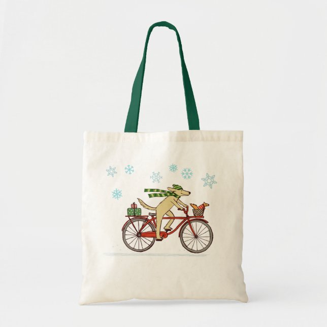 Dog Riding Bicycle with Squirrel Whimiscal Holiday Tote Bag (Front)