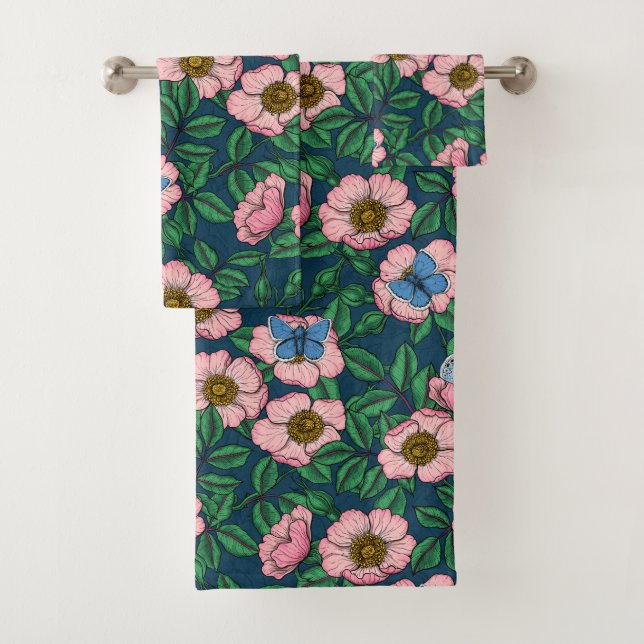 Dog rose and butterflies bath towel set (Insitu)