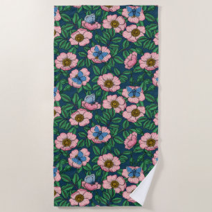 Dog rose and butterflies beach towel