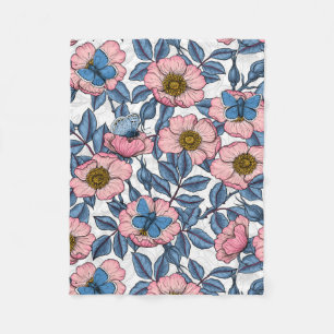 Dog rose and butterflies fleece blanket