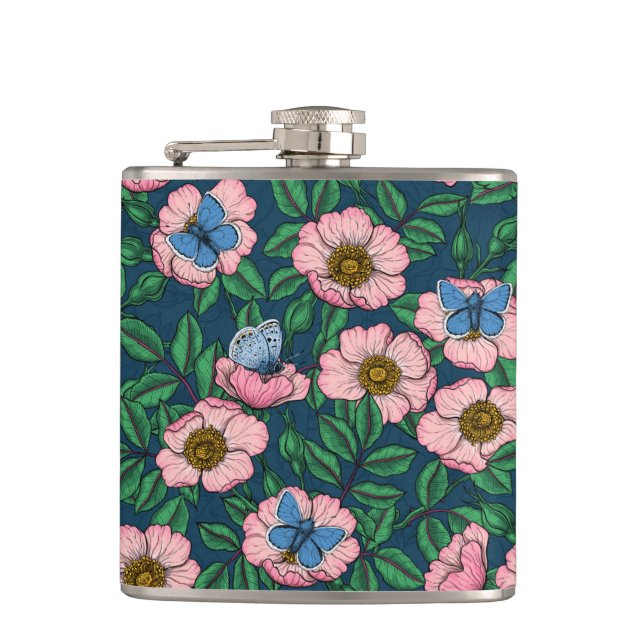 Dog rose and butterflies hip flask (Front)