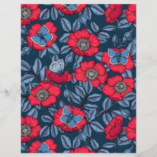 Dog rose and butterflies in blue and red