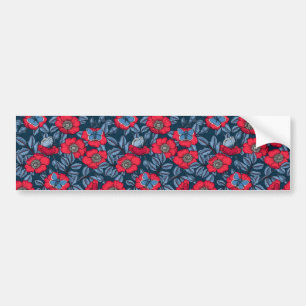 Dog rose and butterflies in blue and red bumper sticker