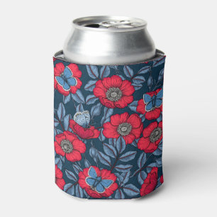 Dog rose and butterflies in blue and red can cooler