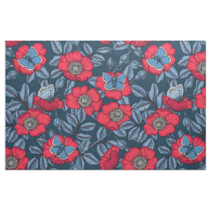 Dog rose and butterflies in blue and red fabric