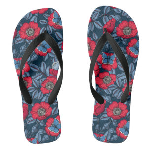 Dog rose and butterflies in blue and red flip flops