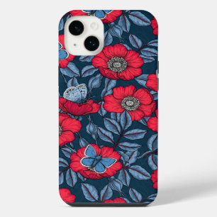 Dog rose and butterflies in blue and red iPhone 14 plus case
