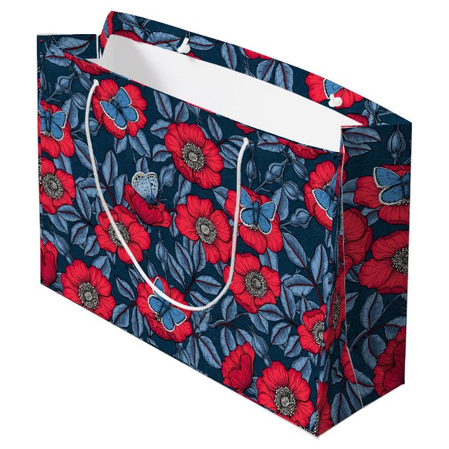 Dog rose and butterflies in blue and red large gift bag (Back Angled)