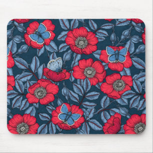 Dog rose and butterflies in blue and red mouse mat