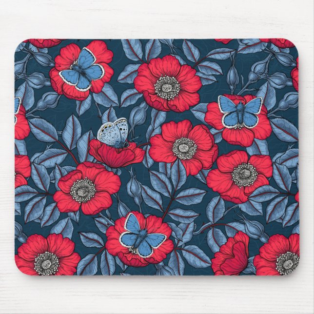 Dog rose and butterflies in blue and red mouse mat (Front)
