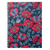 Dog rose and butterflies in blue and red