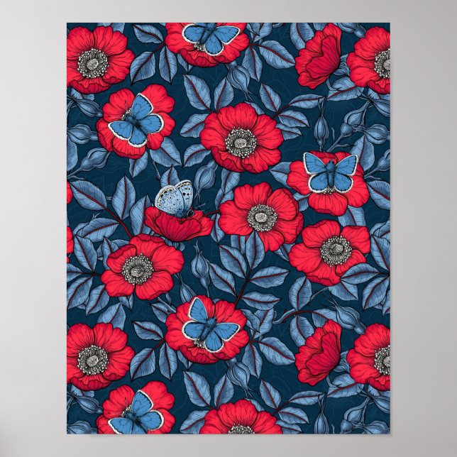 Dog rose and butterflies in blue and red poster (Front)