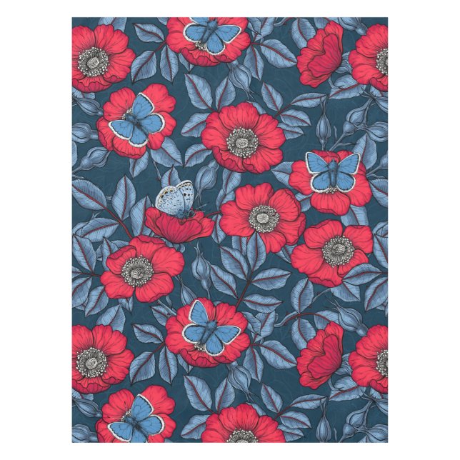 Dog rose and butterflies in blue and red tablecloth (Front)