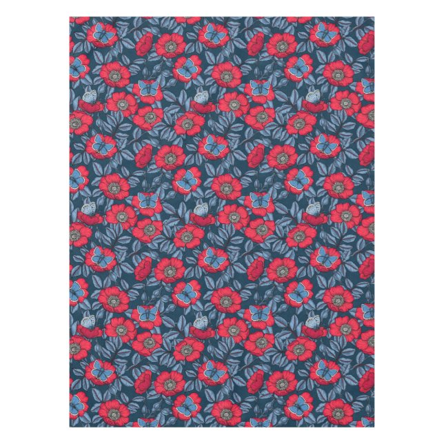 Dog rose and butterflies in blue and red tablecloth (Front)