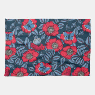 Dog rose and butterflies in blue and red tea towel