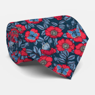 Dog rose and butterflies in blue and red tie