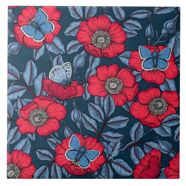 Dog rose and butterflies in blue and red tile (Front)