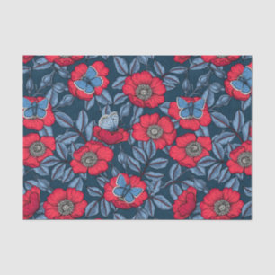 Dog rose and butterflies in blue and red tissue paper