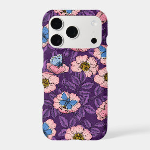 Dog rose and butterflies in pink and purple