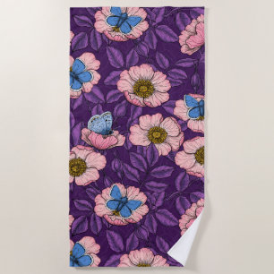 Dog rose and butterflies in pink and purple beach towel