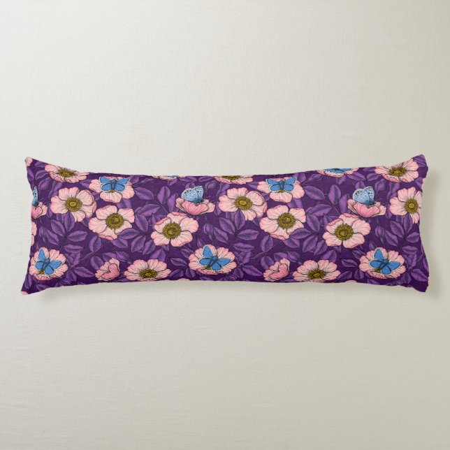 Dog rose and butterflies in pink and purple body cushion (Front)