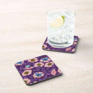 Dog rose and butterflies in pink and purple coaster