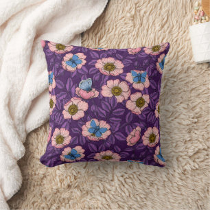Dog rose and butterflies in pink and purple cushion