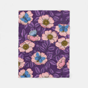 Dog rose and butterflies in pink and purple fleece blanket