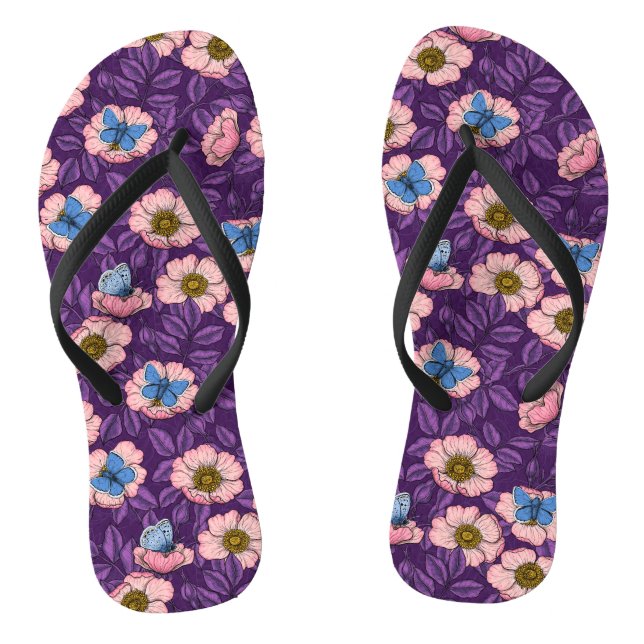 Dog rose and butterflies in pink and purple flip flops (Footbed)