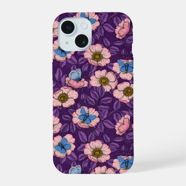 Dog rose and butterflies in pink and purple iPhone 15 case (Back)