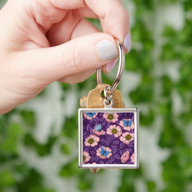 Dog rose and butterflies in pink and purple key ring (Hand)