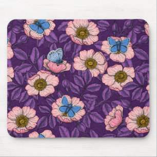 Dog rose and butterflies in pink and purple mouse mat