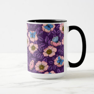 Dog rose and butterflies in pink and purple mug