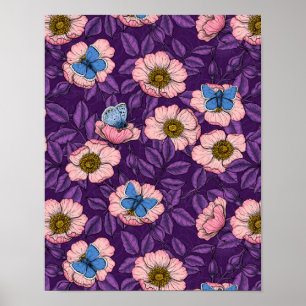 Dog rose and butterflies in pink and purple poster
