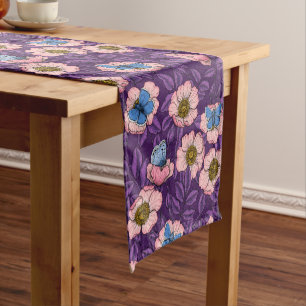 Dog rose and butterflies in pink and purple short table runner
