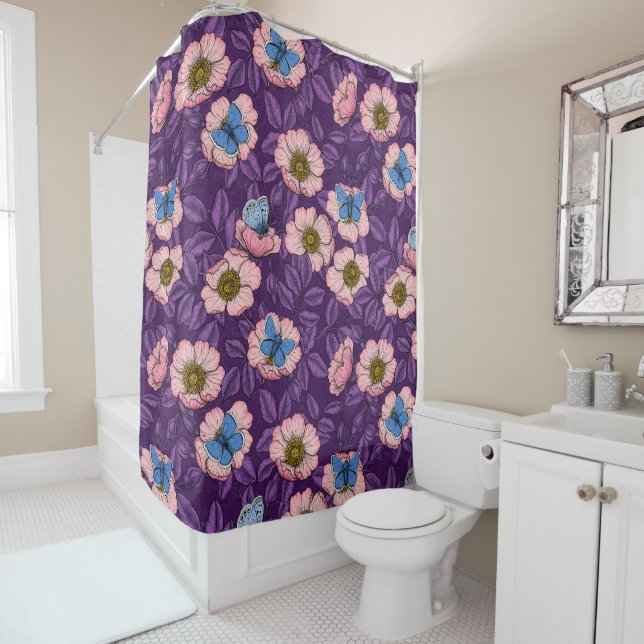 Dog rose and butterflies in pink and purple shower curtain (In Situ)